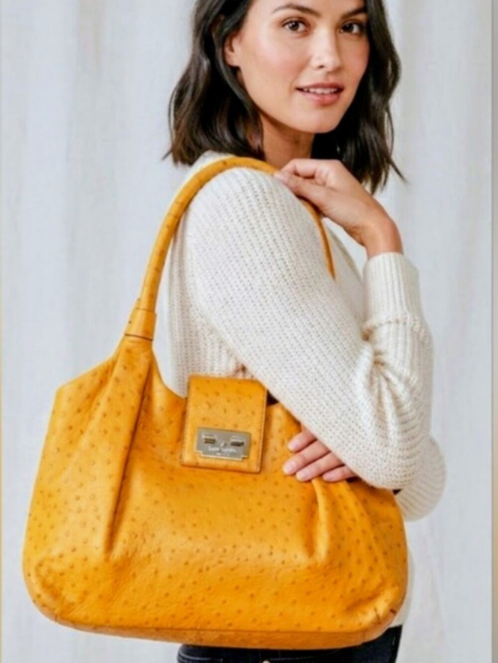 Kate Spade Windsor Square Stevie Ostrich Leather Shoulder Bag Yellow